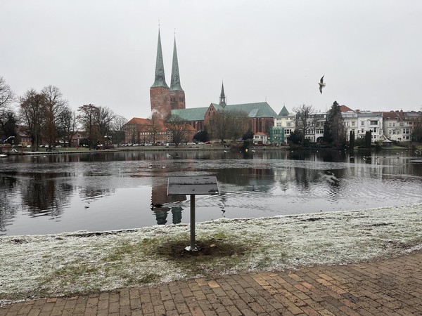 Das Bild zeigt im Hintergrund eine Stadtansicht mit zwei Kirchen hinter einem Gewässer. Im vorderen Bereich erkennt man ein Kunststoffrelief mit derselben Stadtszene und Brailleschrift anstelle des Wassers.